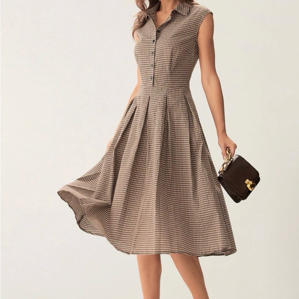 Elegant Tan Checkered Dress
